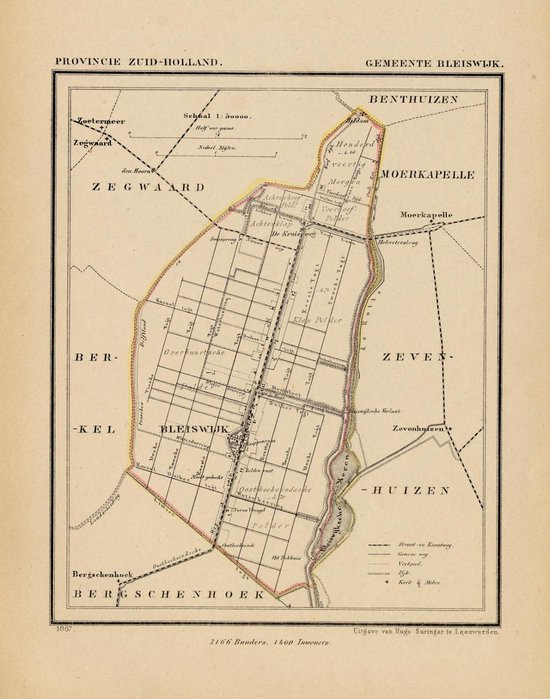 Historische kaart, plattegrond van gemeente Bleiswijk in Zuid Holland uit 1867 door Kuyper van Kaartcadeau.com