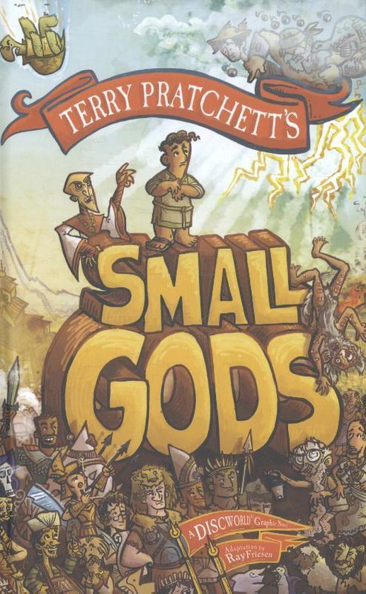 Boekomslag van Terry Pratchett's Small Gods, met de titel in grote letters en cartooneske figuren.