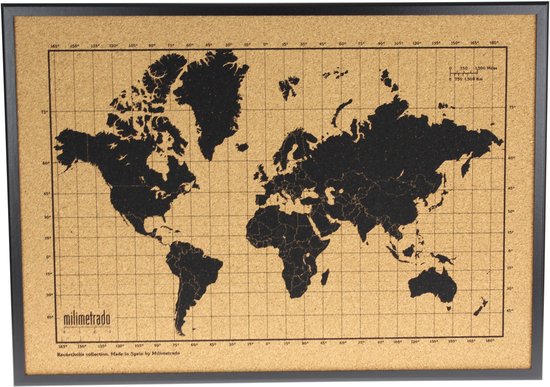 puree Laag passagier Milimetrado - Wereldkaart Prikbord - Kurk met Houten Frame - Zwart/Zwart -  70x50 cm | bol.com