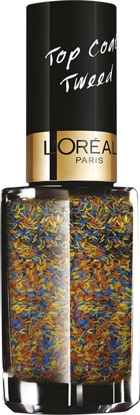 Glazen flesje L'Oréal Paris nagellak met gouden, oranje en blauwe spikkels. Zwarte dop met 'Top Coat Tweed'.