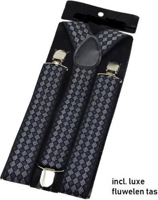 Sorprese – Luxe chique – heren bretels – zwart wit geruit design met zwart leer – 3 extra stevige clips