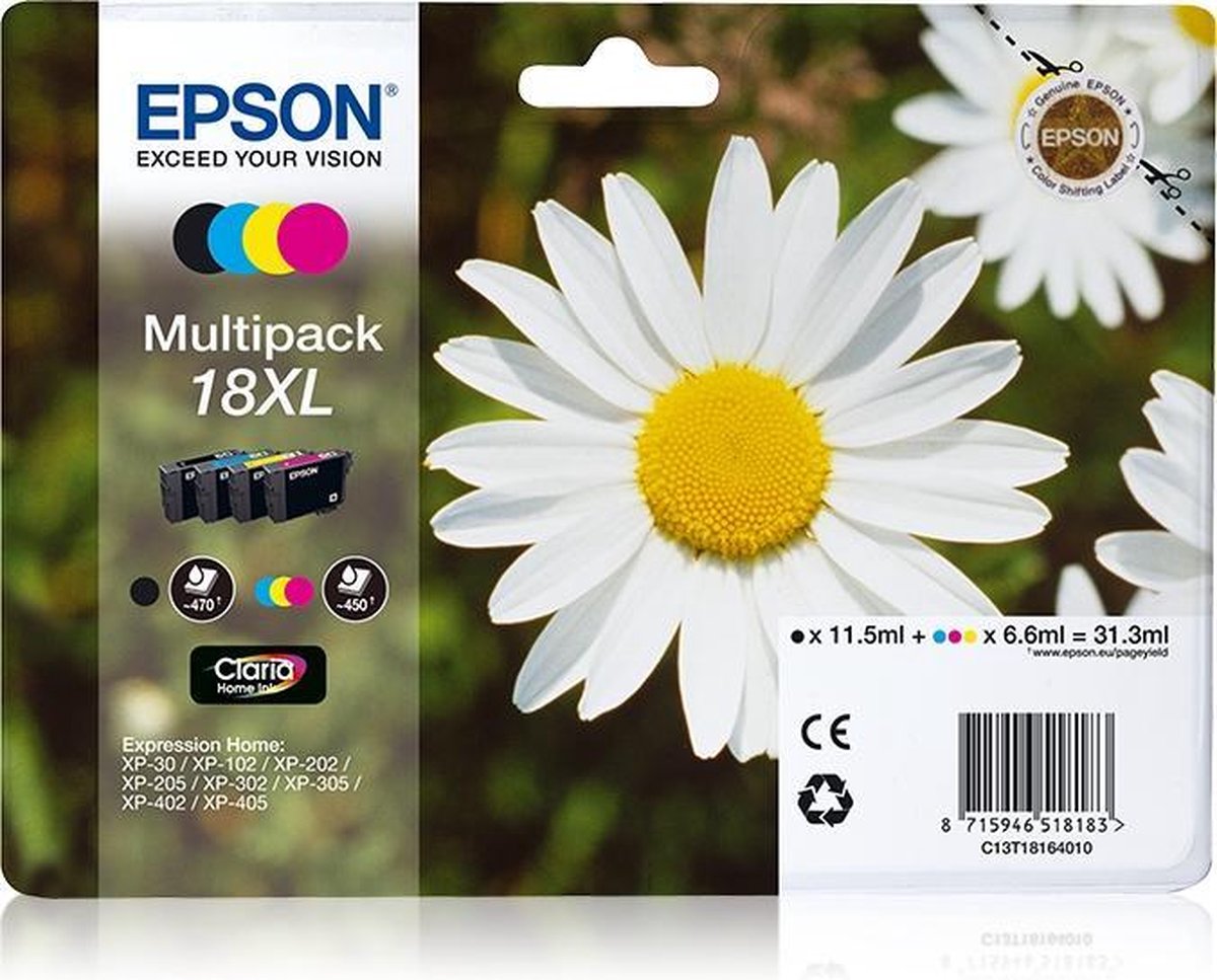 EPSON 18XL inktcartridge zwart en drie kleuren high capacity 31.3ml 1-pack RF-AM blister