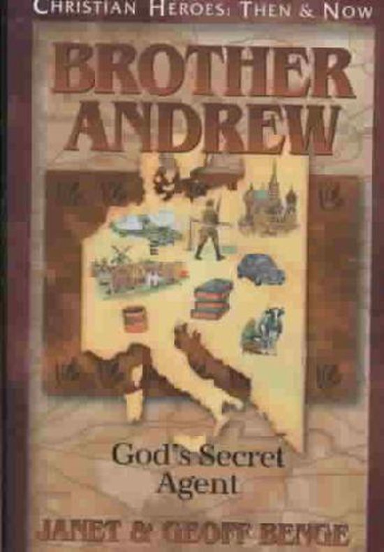 Boek 'Brother Andrew God's Secret Agent' met een kaart van Europa met kleine tekeningen van militaire voertuigen, gebouwen en een koe.