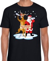 Foute Kerst t-shirt dronken kerstman en rendier Rudolf na kerstborrel/ feest zwart voor heren S