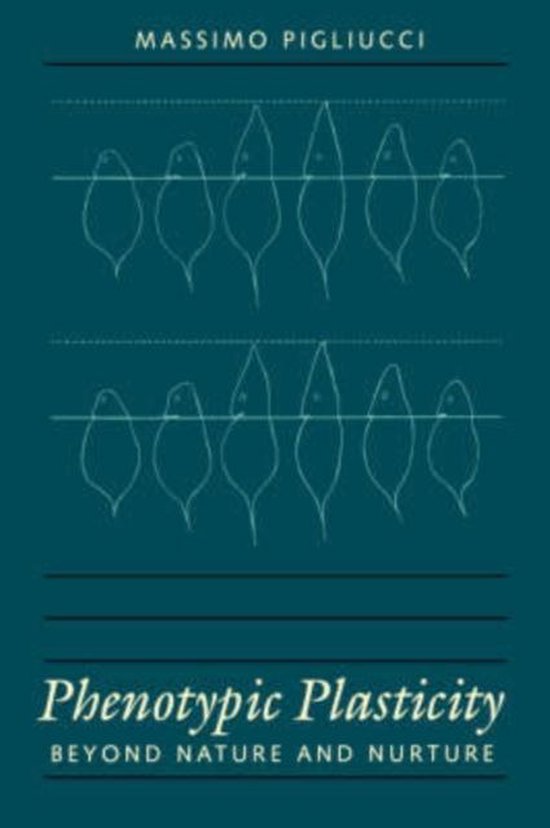 Boek 'Phenotypic Plasticity' met schematische tekeningen van organismen en de tekst 'Massimo Pigliucci'.