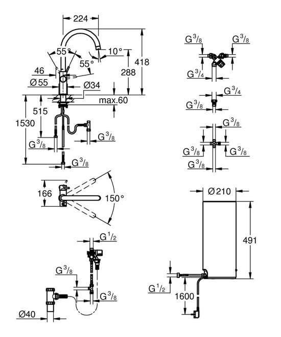Technische tekening met afmetingen van een chroomkraan, boiler en aansluitingen.