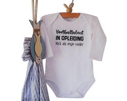 Baby jongen zoon tekst cadeau eerste wk vaderdag Rompertje voetbal papa Voetbaltalent in opleiding net als mijn vader | Lange mouw | wit | maat 62/68