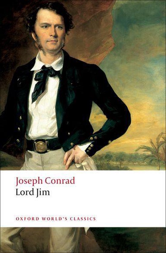 Boekomslag met de titel "Lord Jim" door Joseph Conrad, met een schilderij van een man in een donker jasje en een witte blouse.