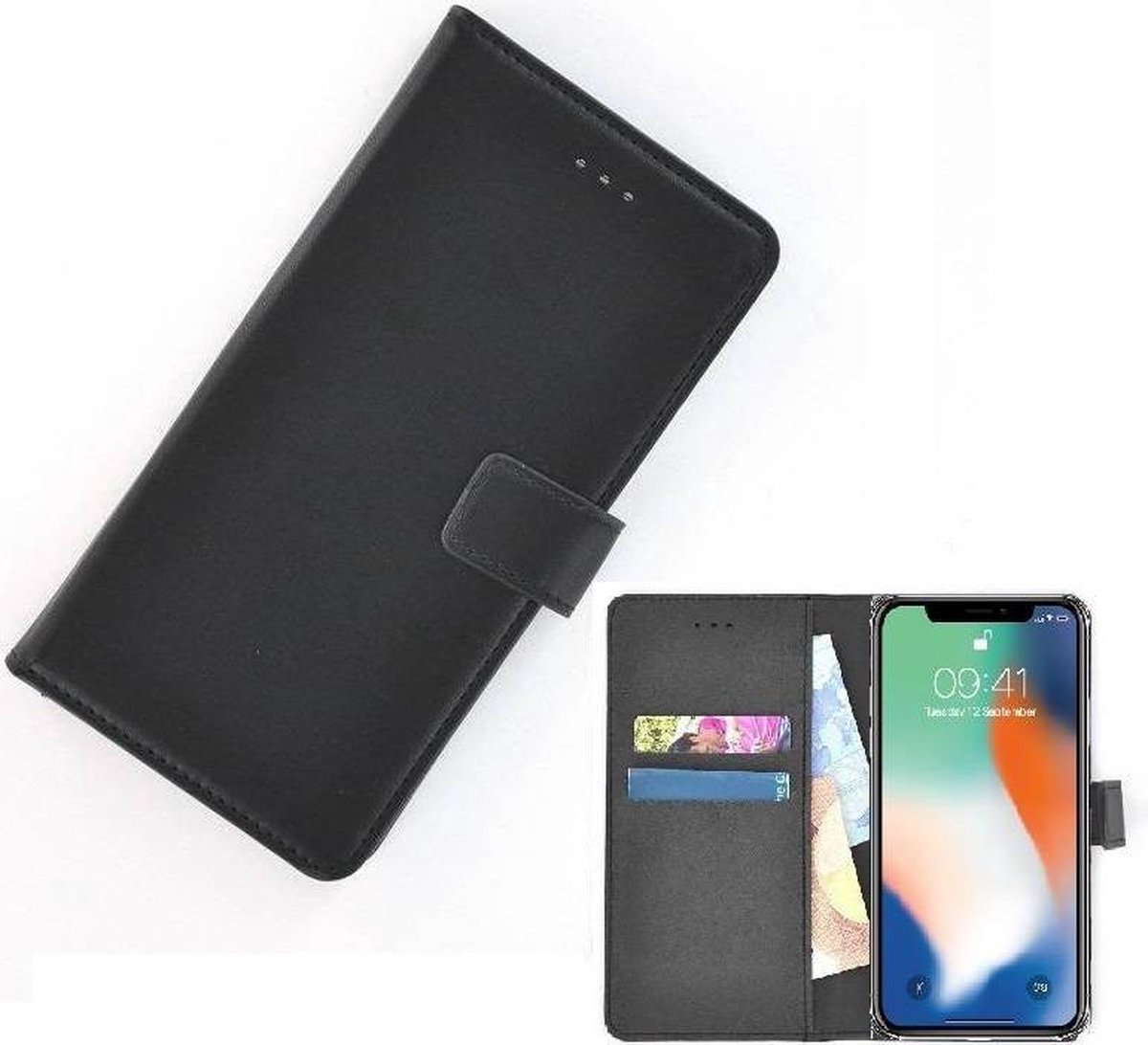 Zwart effen Wallet Bookcase Puleder Bookcover Hoesje voor Apple iPhone X