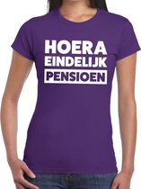 Hoera eindelijk pensioen paars t-shirt voor dames - fun pensioen shirt XS