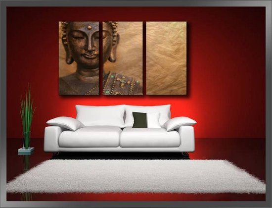 Canvas Schilderijen (Wanddecoratie woonkamer / slaapkamer) - Schilderij Boeddha Bruin - 160 x 90 cm 3-Luik