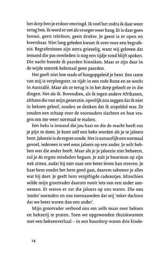 Pagina 14 met tekst over een dorp, tandarts, heksen, en een oom.