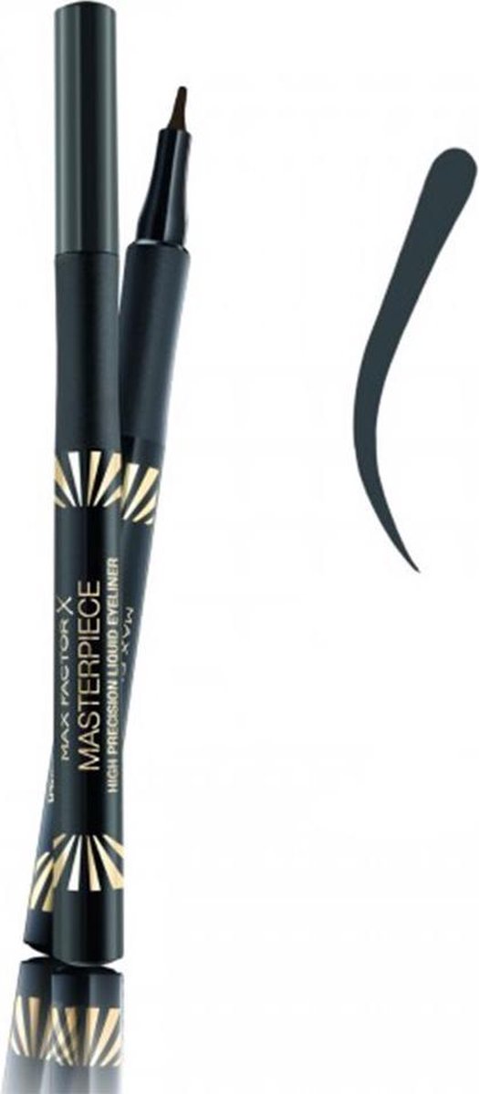 Zwarte Max Factor Masterpiece liquid eyeliner pen met gouden accenten, liggend.