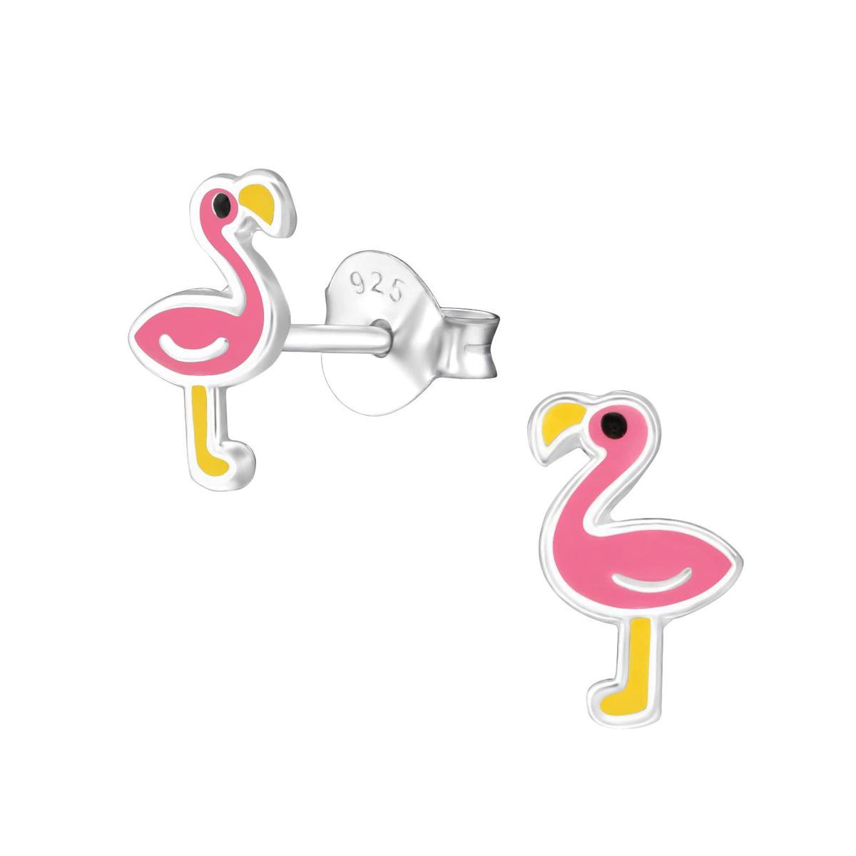 Zilveren kinderoorbellen roze flamingo