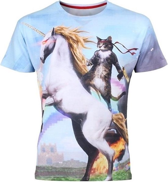 Awesome kat met eenhoorn en explosies Festival shirt - Maat: XL - Crew neck - Feestkleding - Festival Outfit - Fout Feest - T-shirt voor festivals - Rave party kleding - Rave outfit - Kattenshirt - Nineties