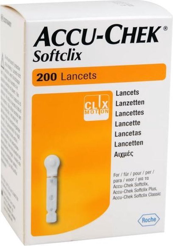 Doosje met 200 Accu-Chek Softclix lancetten. Wit met gele accenten.