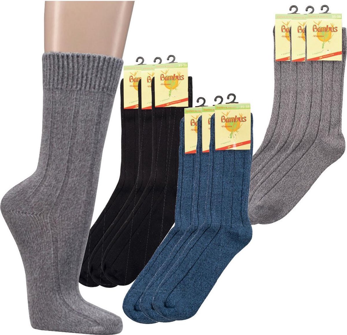 Bamboe sokken - extra warme uitvoering / wintersokken - 2 paar - zwart - normale schachtlengte - maat 35/38