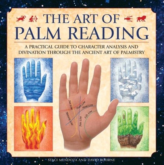 De kaft van het boek 'The Art of Palm Reading', met een centrale hand waarop de lijnen zijn gemarkeerd, omringd door vier andere handen die verschillende elementen symboliseren.