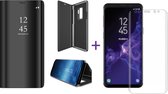 Samsung Galaxy S9 - Lederen Spiegel Portemonnee Wallet Hoesje Zwart + Screen Protector PET Glas Folie Transparant 0.2mm