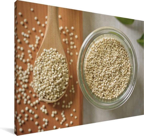 Canvas schilderij 120x80 cm - Wanddecoratie Quinoa in een glazen kom en op een houten lepel - Muurdecoratie woonkamer - Slaapkamer decoratie - Kamer accessoires - Schilderijen op canvas