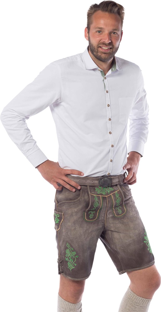 Tannhauser Lederhosen Gaudi Kort 100% Echt Leder Oktoberfest Heren Lederhosen Man Carnavalskleding Heren -Leer- Bruin/Groen-XXL