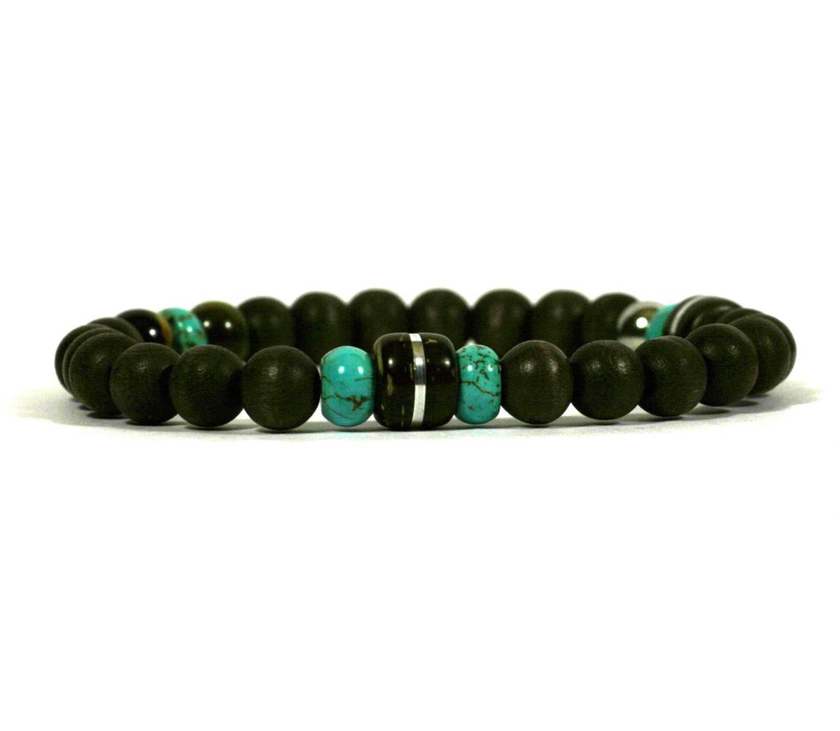 IbizaMen - heren armband - bruin hout 8mm - turkoois - coconut kraal - 21cm