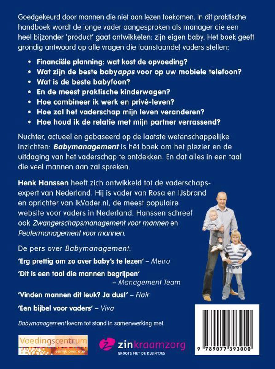 Achterkant van het boek 'Babymanagement voor mannen'. Een man met drie kinderen. Met logo's van Voedingscentrum en Zinkraamzorg.