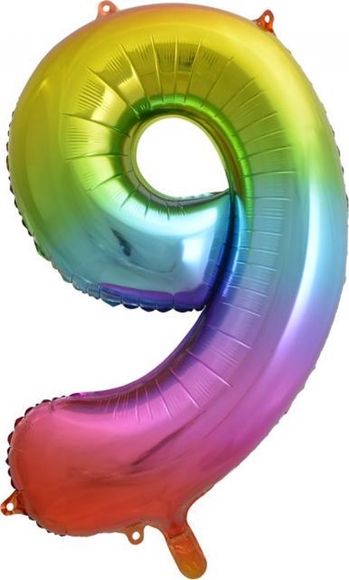 Folie ballon cijfer 9 is 86 cm groot regenboog kleuren