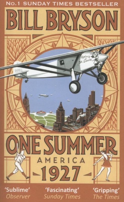 Boek 'One Summer America 1927' van Bill Bryson met een illustratie van een vliegtuig boven een stad en een windroos. Baseballspelers links en rechts.