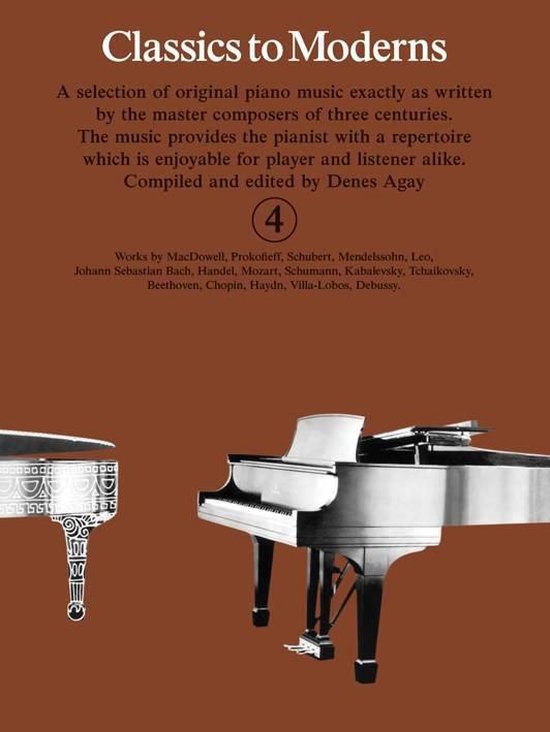 Couverture du livre "Classics to Moderns" avec un piano à queue et un fragment d'un autre piano.