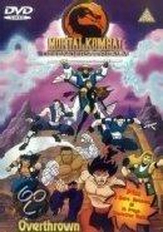 DVD-hoes van Mortal Kombat: Defenders of the Realm, getiteld 'Overthrown', met de personages uit de serie op een paarse achtergrond.
