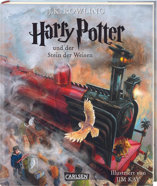 Boek 'Harry Potter en de Steen der Wijzen' met een illustratie van de Zweinstein Express trein, Hedwig en Harry.