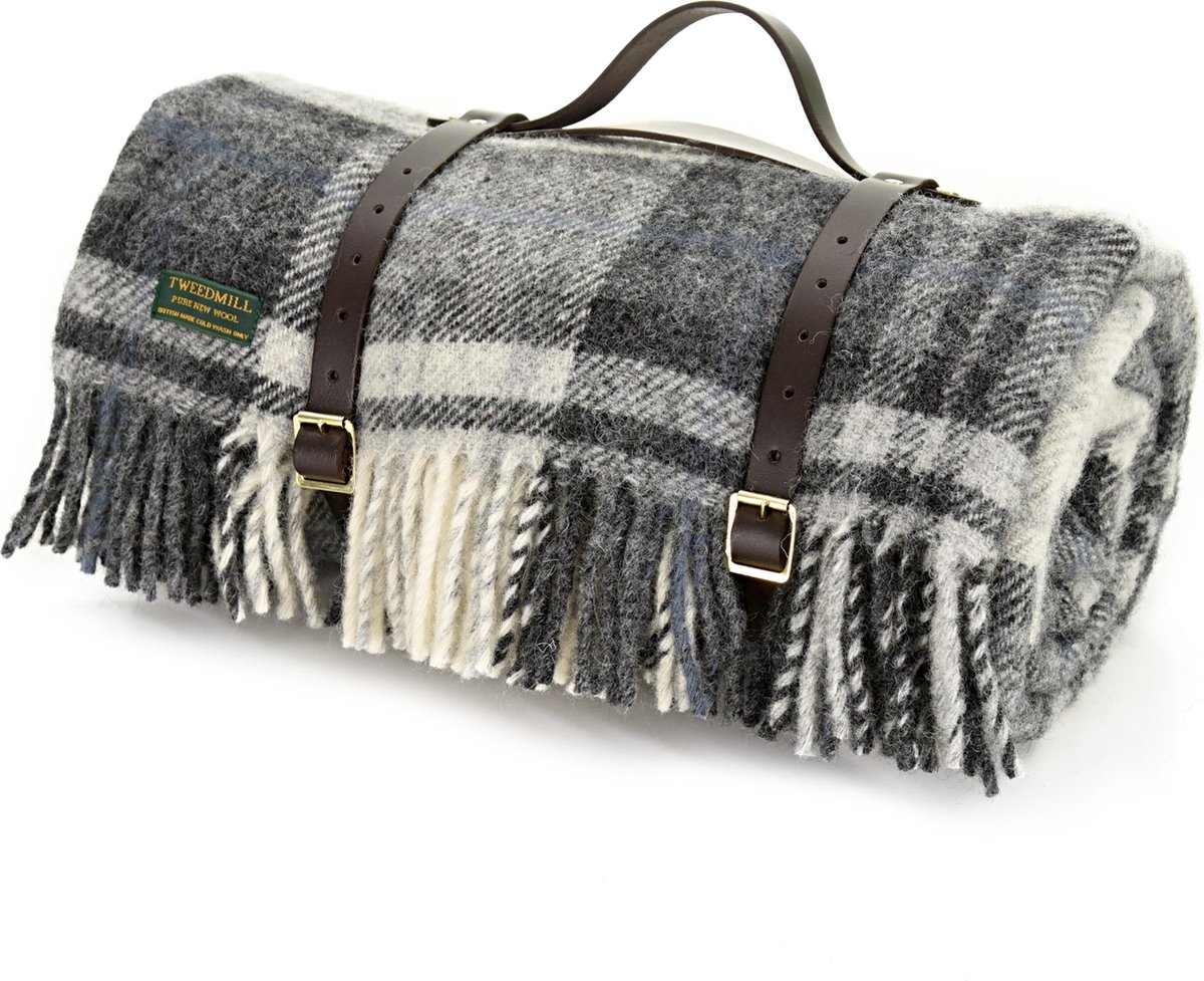 Picknickkleed Polo Cottage Grijs Zwart - Wol - Leren Draagset - Waterdicht - 145x183cm - Tweedmill