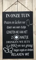 Zinken tekstbord in onze tuin - antraciet - 40x60 cm. - tuin