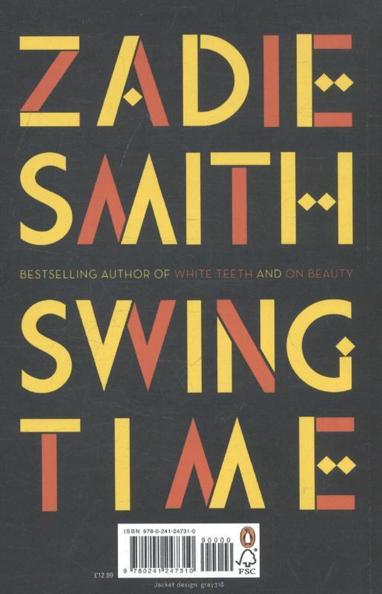 Achterkant boek 'Swing Time' van Zadie Smith. Donkergrijze kaft met rode en gele letters.