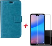 Huawei P20 Lite Portemonnee hoesje Turquise met Tempered Glas Screen protector