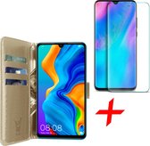 iCall - Huawei P30 Lite Hoesje + Screenprotector Tempered Glass - Lederen TPU Book Case Portemonnee Flip Wallet - Goud