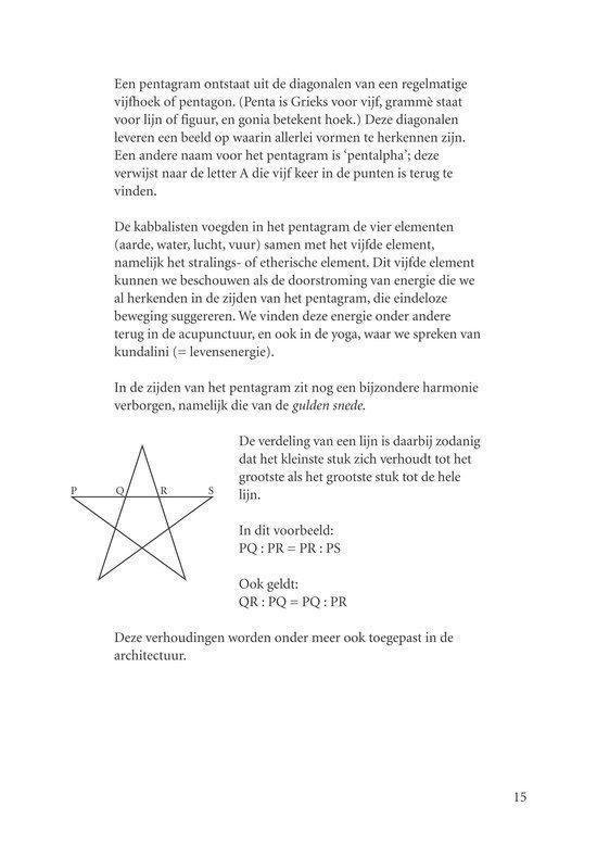 Pagina met een pentagram, de uitleg van de gouden snede en wiskundige verhoudingen, met tekst over de oorsprong van het pentagram.