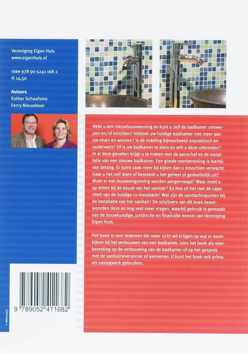 Boek 'Badkamer verbouwen' met auteurs Esther Schaafsma en Ferry Nieuwboer, en close-up van een kraan op een mozaïek achtergrond.