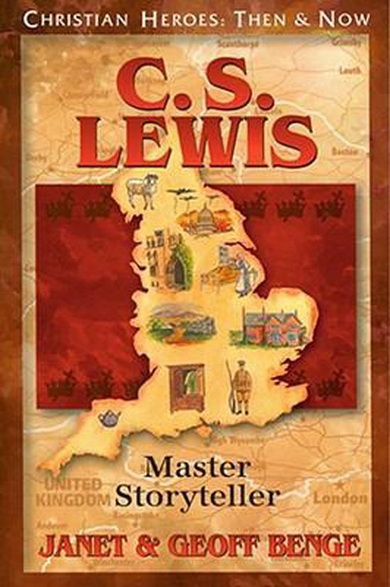 Boek 'C.S. Lewis Master Storyteller' met afbeelding van Engeland met iconen en tekst.
