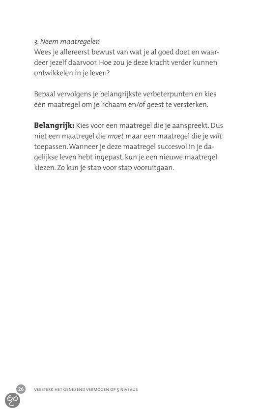 Pagina 26 uit 'Versterk je genezend vermogen op vijf niveaus', met tekst over het nemen van maatregelen.