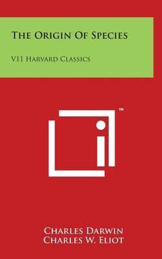 Het boek "The Origin Of Species" met "V11 Harvard Classics" bovenaan, met een rood vlak en het "i" logo van Internet Archive.