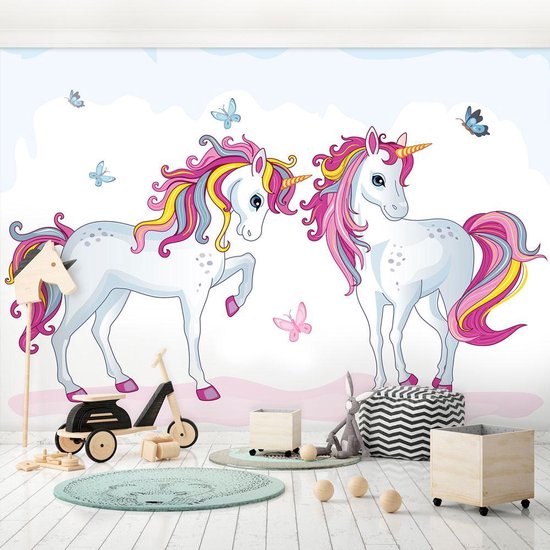 Fotobehang met 2 Unicorns XXL – kinderkamer – posterbehang – behang eenhoorns - 368 x 254 cm – roze - Consalnet