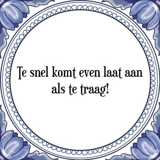 Tegeltje met Spreuk (Tegeltjeswijsheid) Te snel komt even laat aan als te traag! +... bol