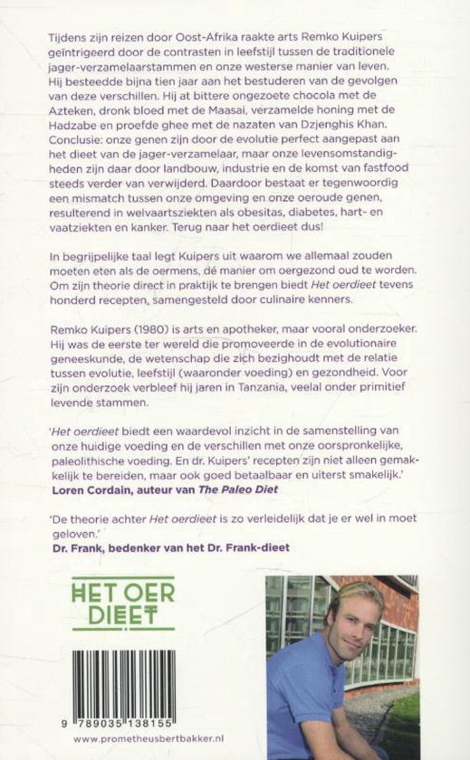 Achterkant boek met tekst en foto van Remko Kuipers. Titel "Het Oer Dieet".