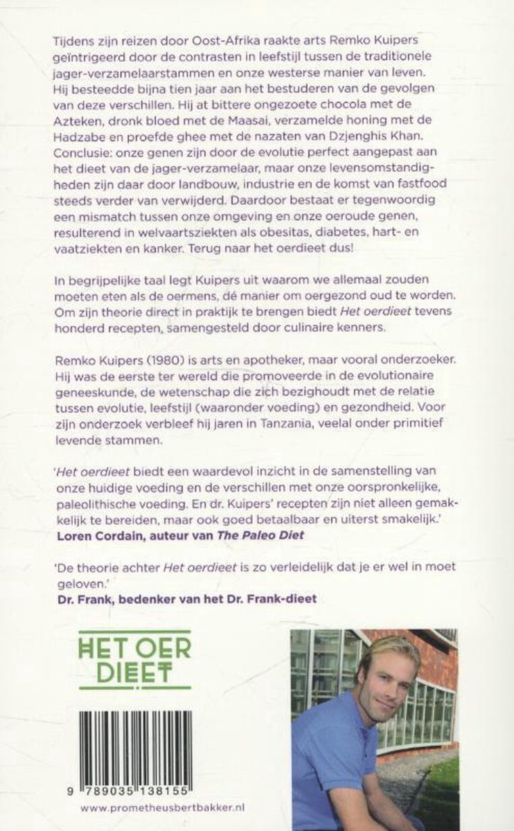 Achterkant boek met tekst en foto van Remko Kuipers. Titel "Het Oer Dieet".
