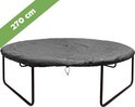 Donkere, ronde trampolinehoes van 270 cm op een trampoline met donkere poten.