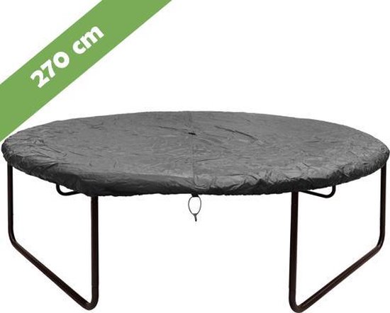 Donkere, ronde trampolinehoes van 270 cm op een trampoline met donkere poten.