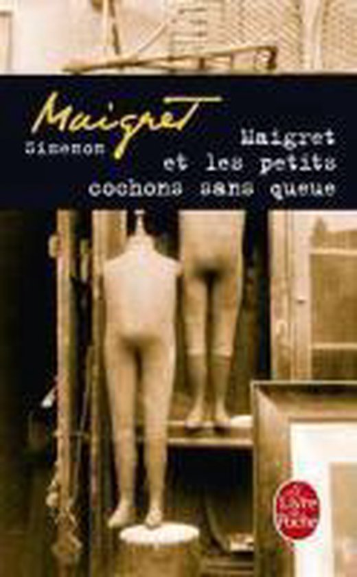 Couverture du livre 'Maigret et les petits cochons sans queue' avec deux mannequins dans un magasin.