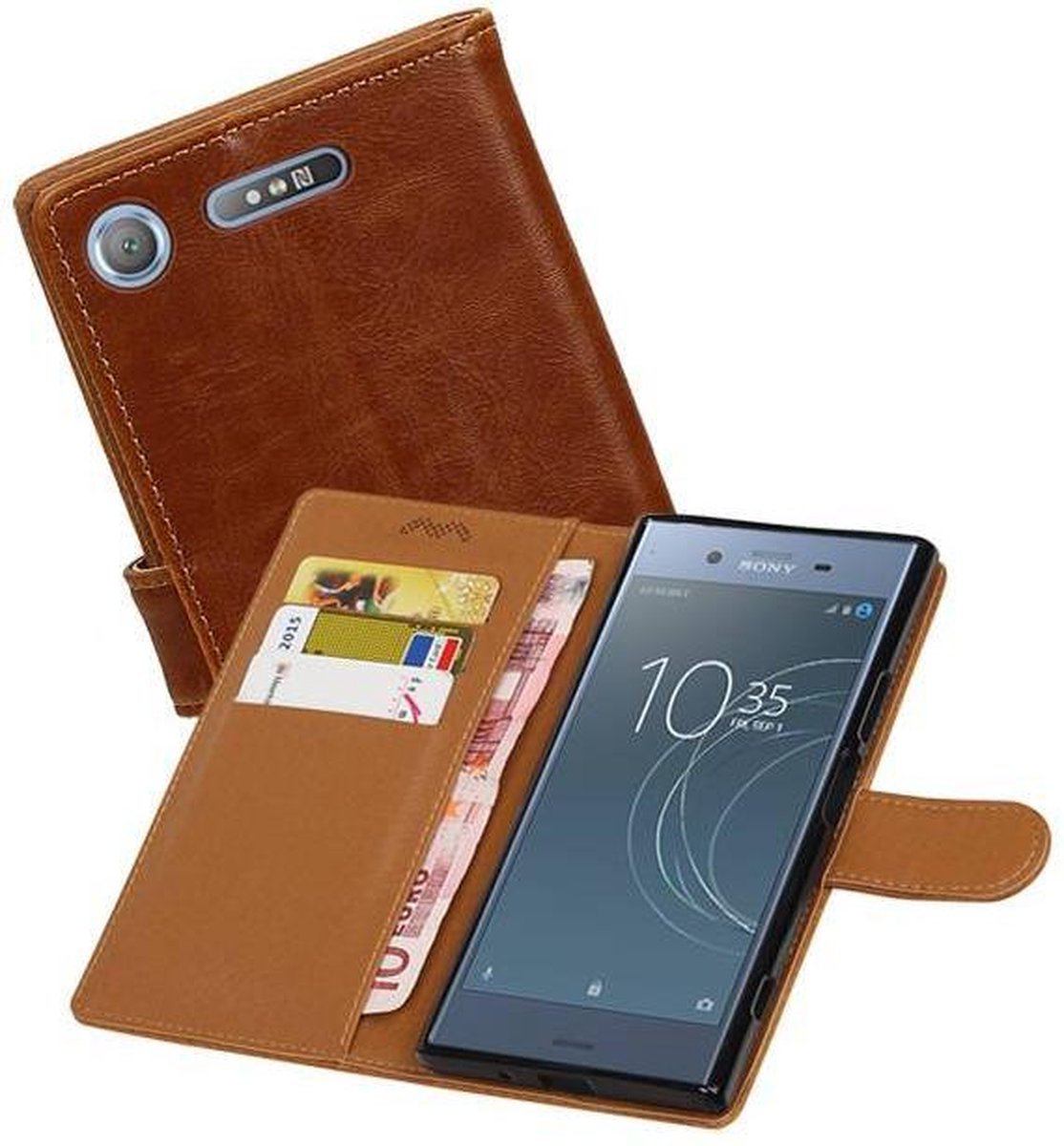 Zakelijke Book Case Telefoonhoesje Geschikt voor de Sony Xperia XZ1 - Portemonnee Hoesje - Pasjeshouder Wallet Case - Bruin
